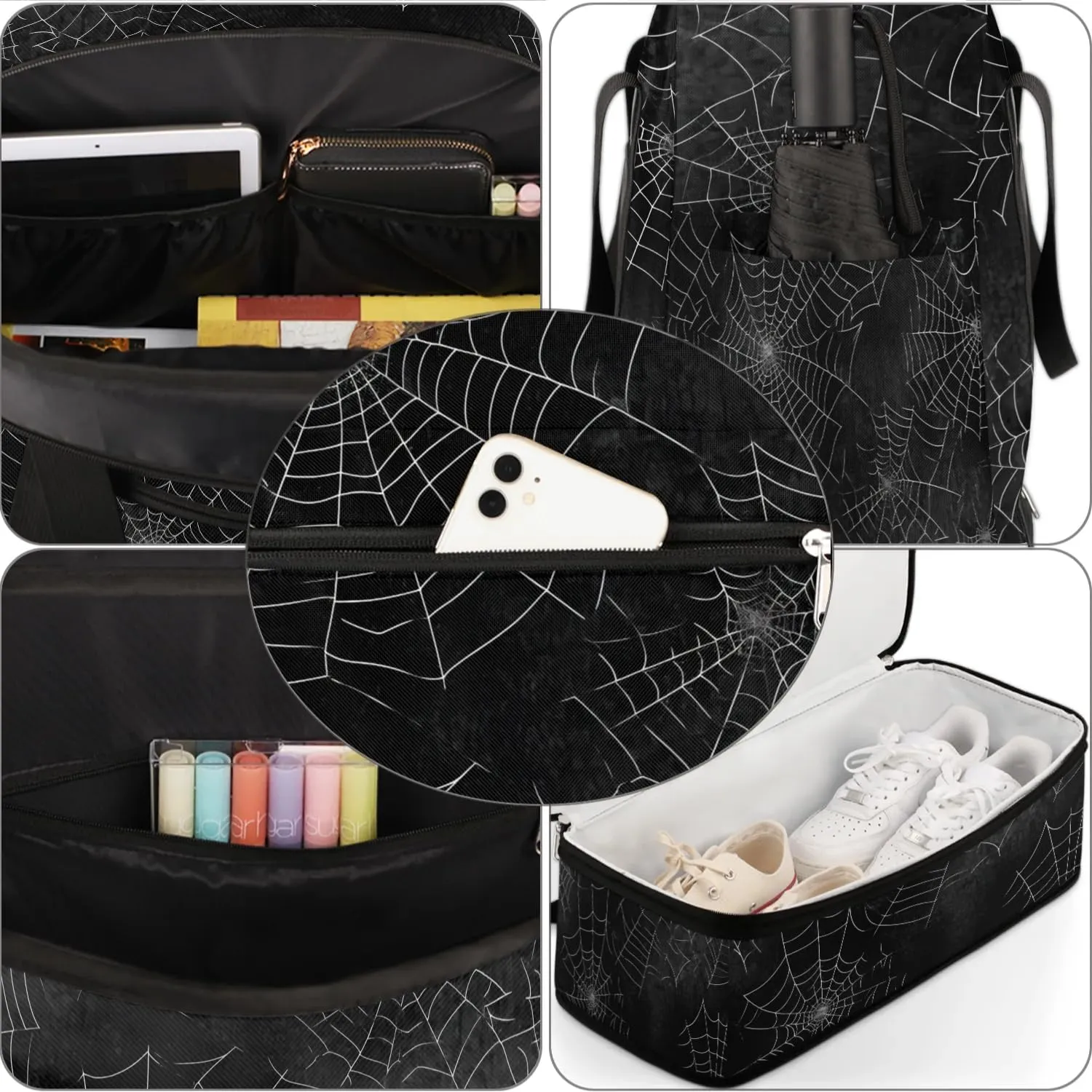 Sports Duffel Bag, Foldable Halloween Travel Duffel Bag, Gym Yoga Beach Bag Weekender Overnight Bag with Shoes Compartment for Men Women, Spider Web Black Halloween