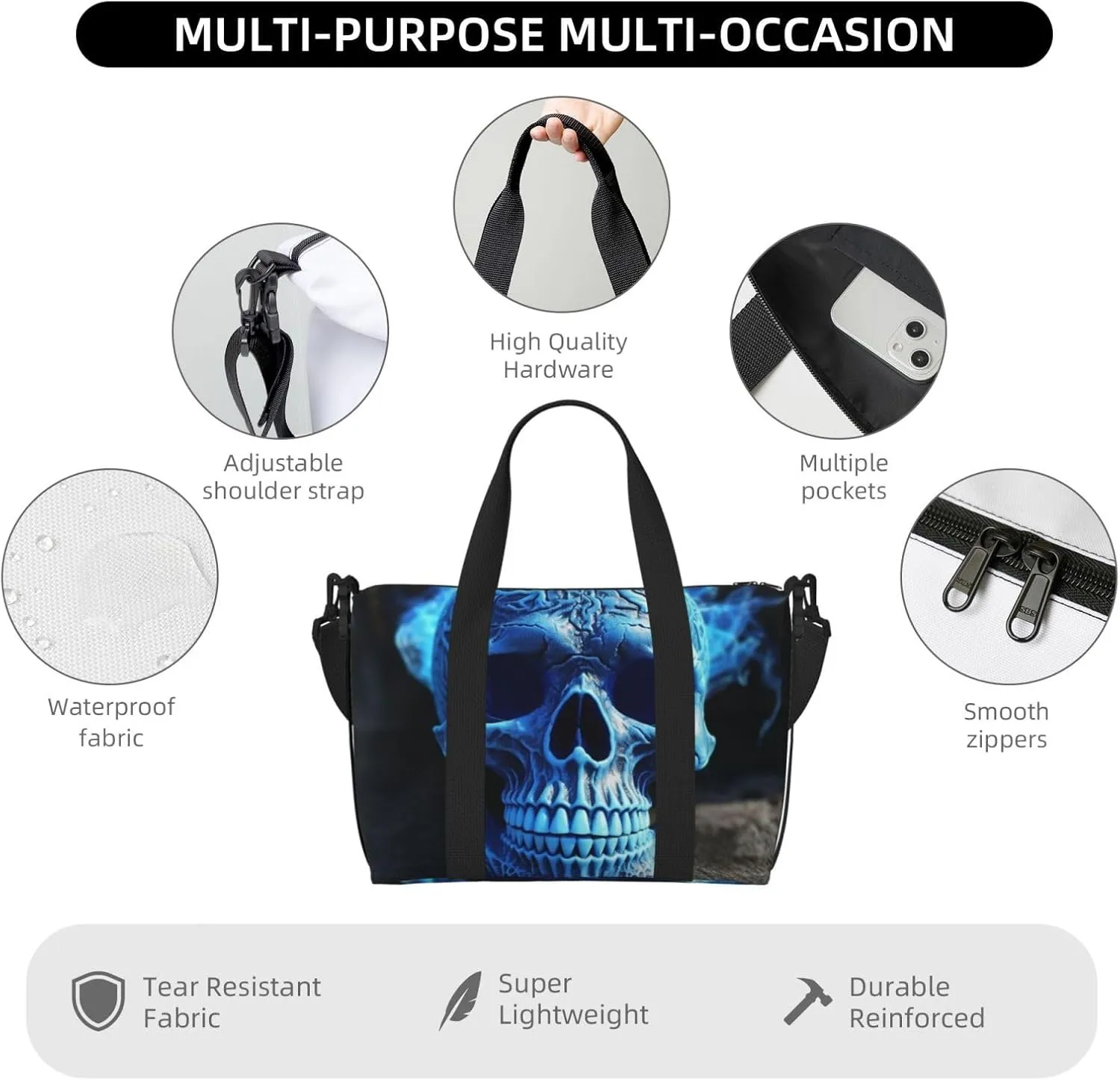 Sports Gym Bag for Women Men Travel Duffel Bag Tote 3D Print Blue skull Weekender Bag Canvas Carry on Overnight Bag for Travel Swimming Fitness Workout Sports Duffle Bag