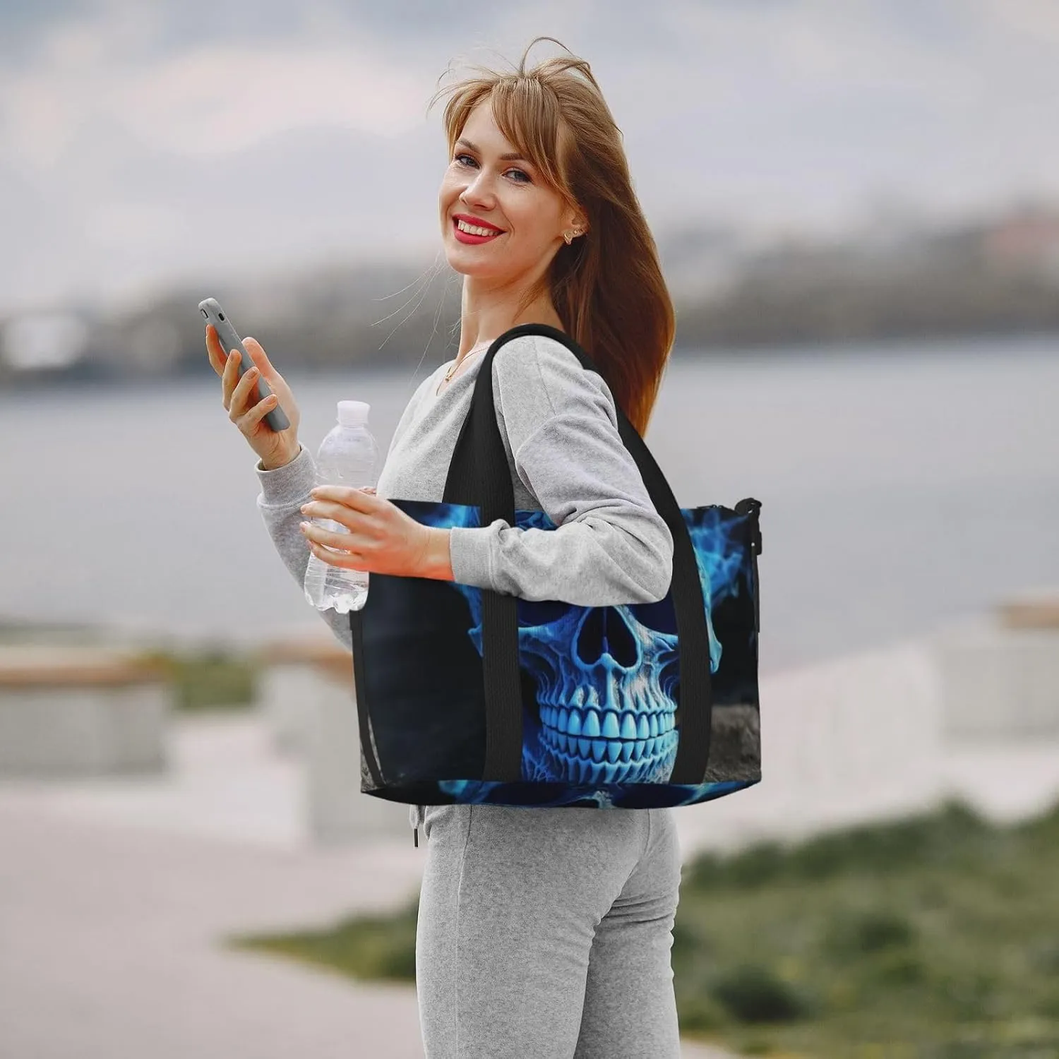Sports Gym Bag for Women Men Travel Duffel Bag Tote 3D Print Blue skull Weekender Bag Canvas Carry on Overnight Bag for Travel Swimming Fitness Workout Sports Duffle Bag