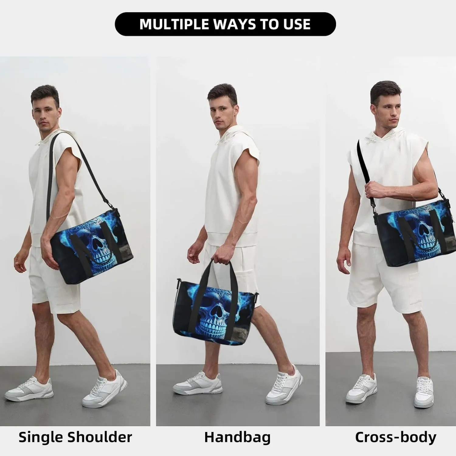 Sports Gym Bag for Women Men Travel Duffel Bag Tote 3D Print Blue skull Weekender Bag Canvas Carry on Overnight Bag for Travel Swimming Fitness Workout Sports Duffle Bag