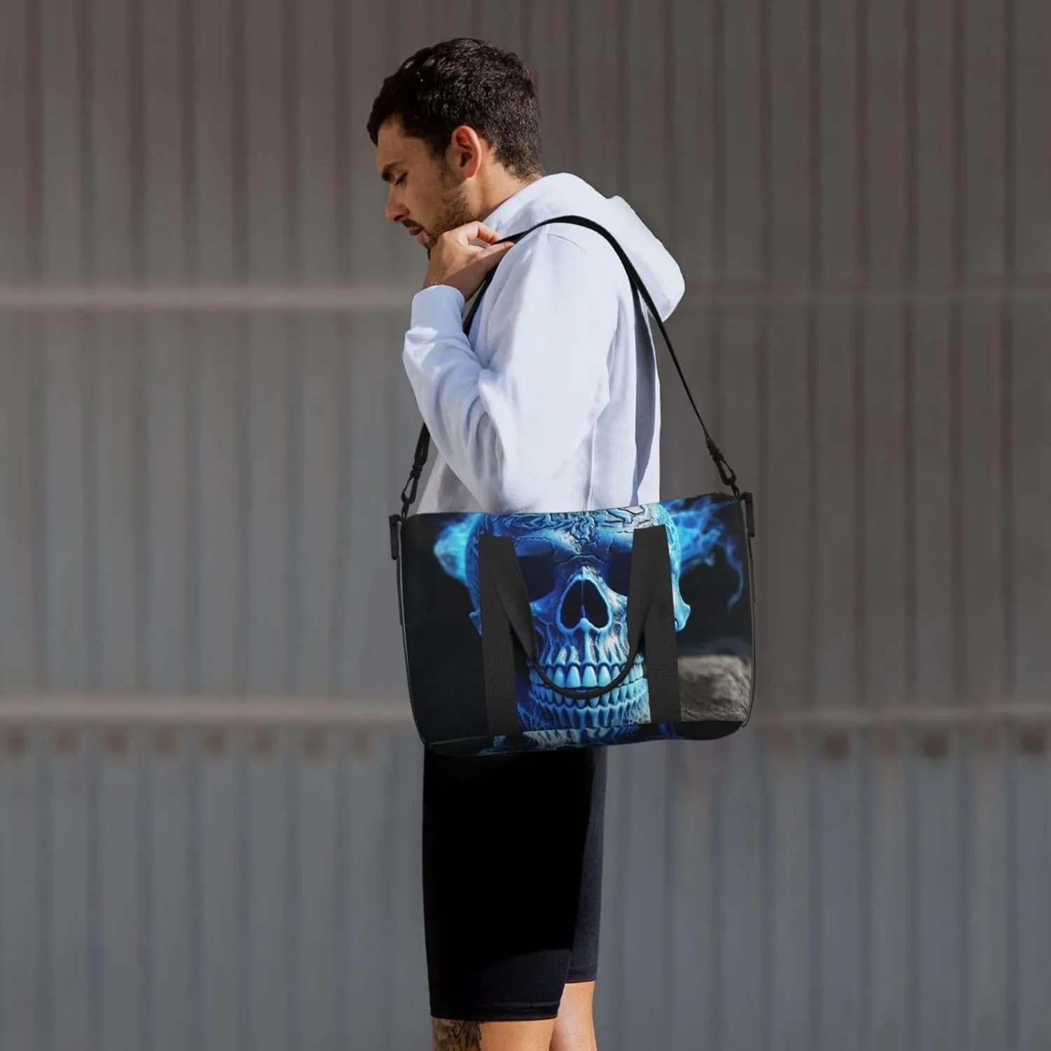 Sports Gym Bag for Women Men Travel Duffel Bag Tote 3D Print Blue skull Weekender Bag Canvas Carry on Overnight Bag for Travel Swimming Fitness Workout Sports Duffle Bag