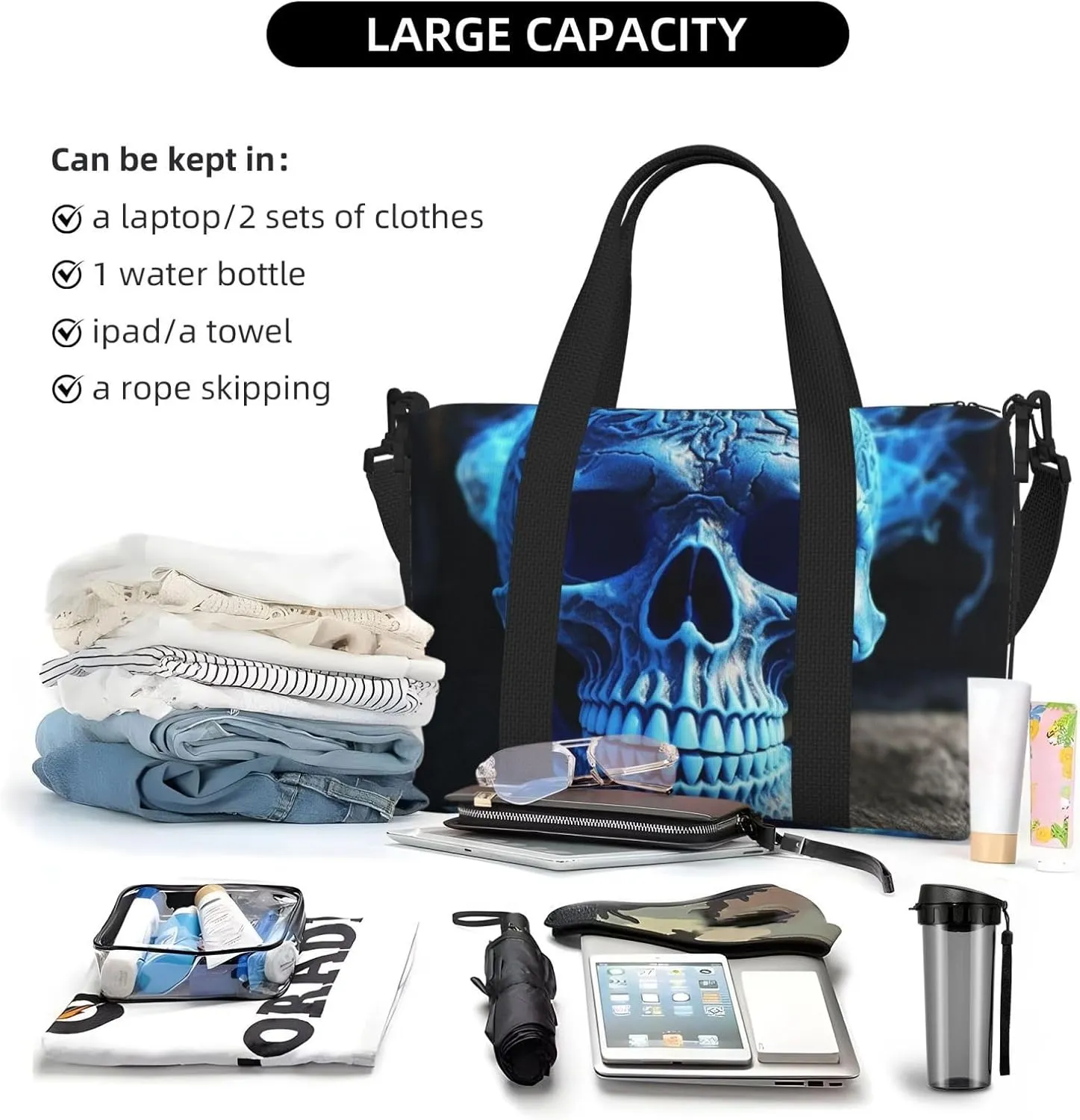 Sports Gym Bag for Women Men Travel Duffel Bag Tote 3D Print Blue skull Weekender Bag Canvas Carry on Overnight Bag for Travel Swimming Fitness Workout Sports Duffle Bag