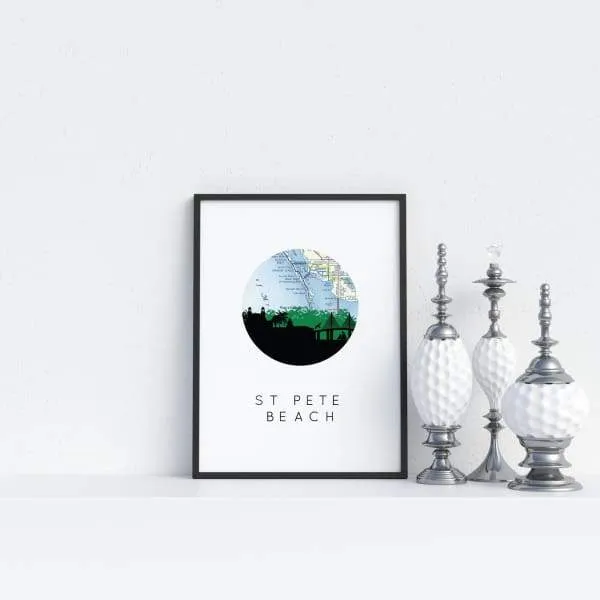 St Pete Beach, Florida city skyline with vintage St Pete Beach map