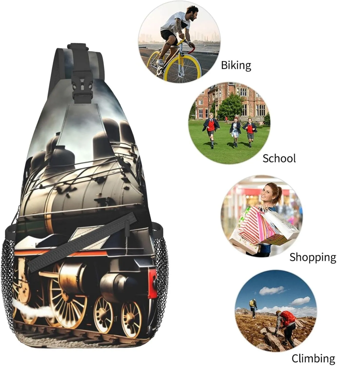 Steam Locomotive Train Unisex Casual Diagonal Chest Bag,Multipurpose Crossbody Shoulder Bag Travel Hiking Daypack