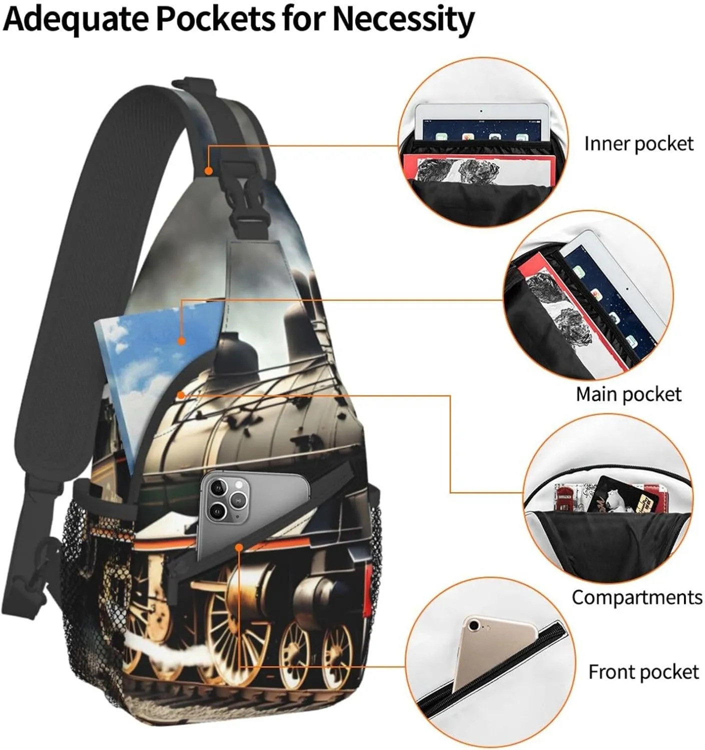 Steam Locomotive Train Unisex Casual Diagonal Chest Bag,Multipurpose Crossbody Shoulder Bag Travel Hiking Daypack