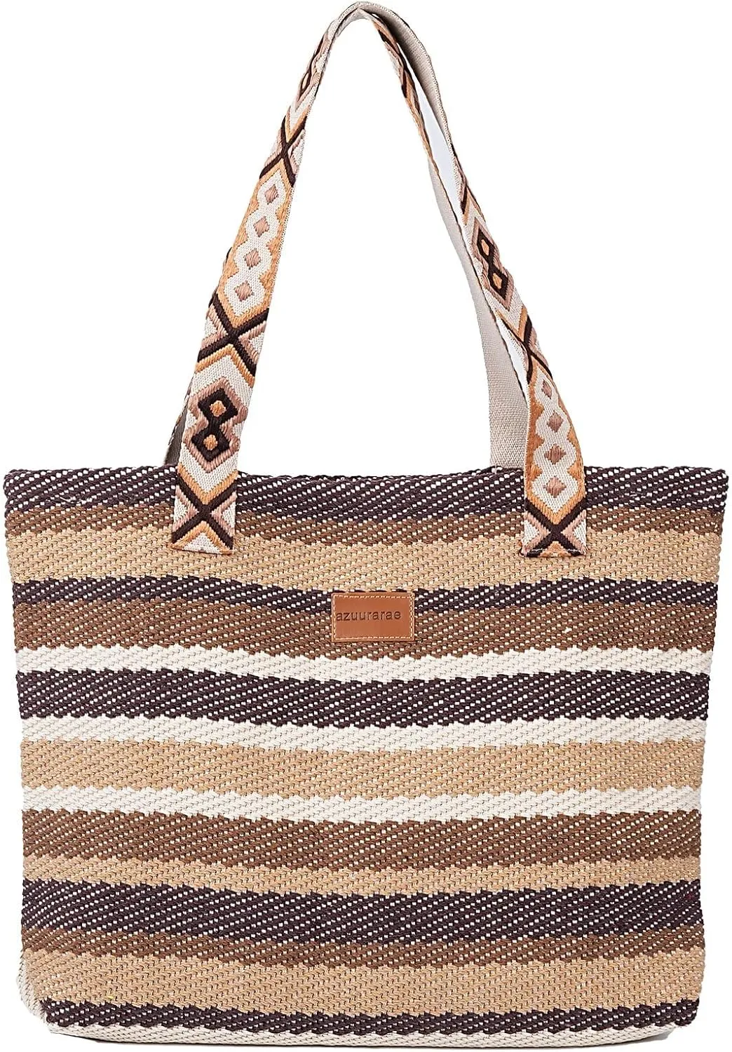 Striped Beach Tote Bag with Aztec Pattern Straps, Brown and Beige, Woven Cotton