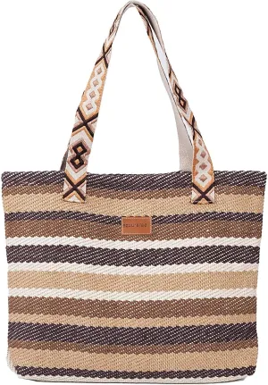Striped Beach Tote Bag with Aztec Pattern Straps, Brown and Beige, Woven Cotton