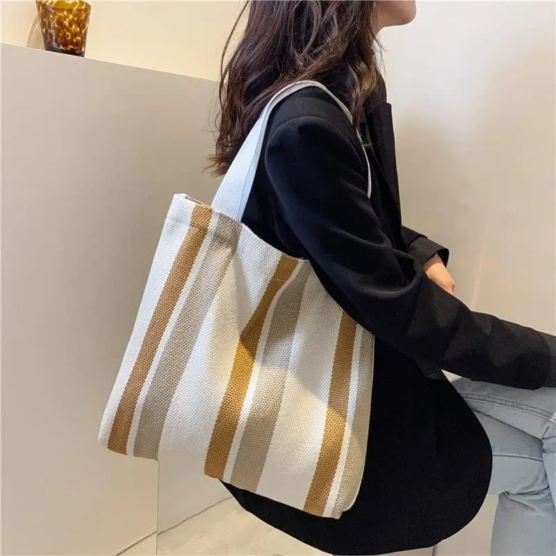 Striped Canvas Handbag for Women Large capacity Shoulder Bag Women Canvas Shopping Bags Hobo Tote Bag