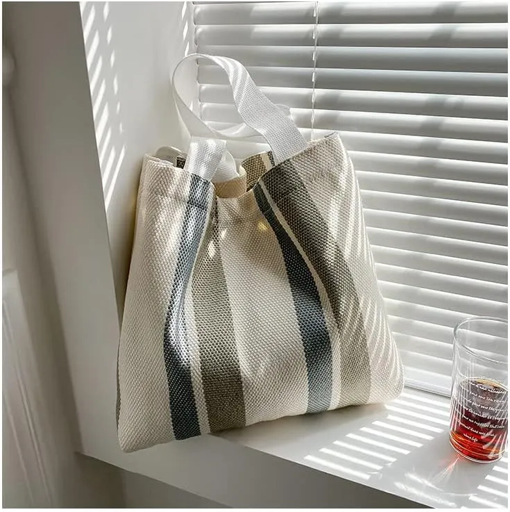 Striped Canvas Handbag for Women Large capacity Shoulder Bag Women Canvas Shopping Bags Hobo Tote Bag