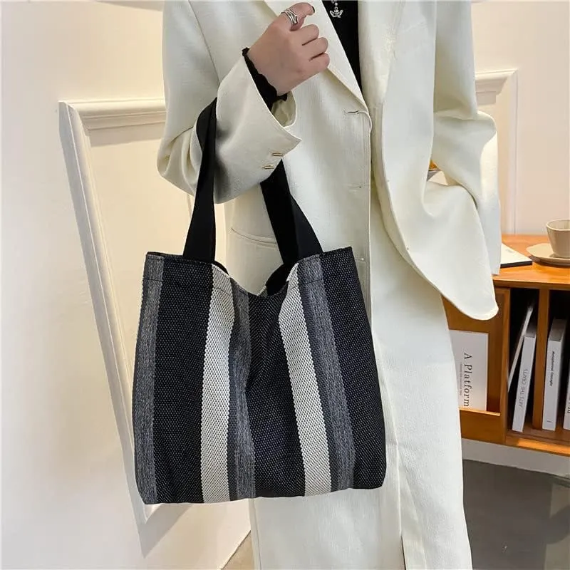 Striped Canvas Handbag for Women Large capacity Shoulder Bag Women Canvas Shopping Bags Hobo Tote Bag