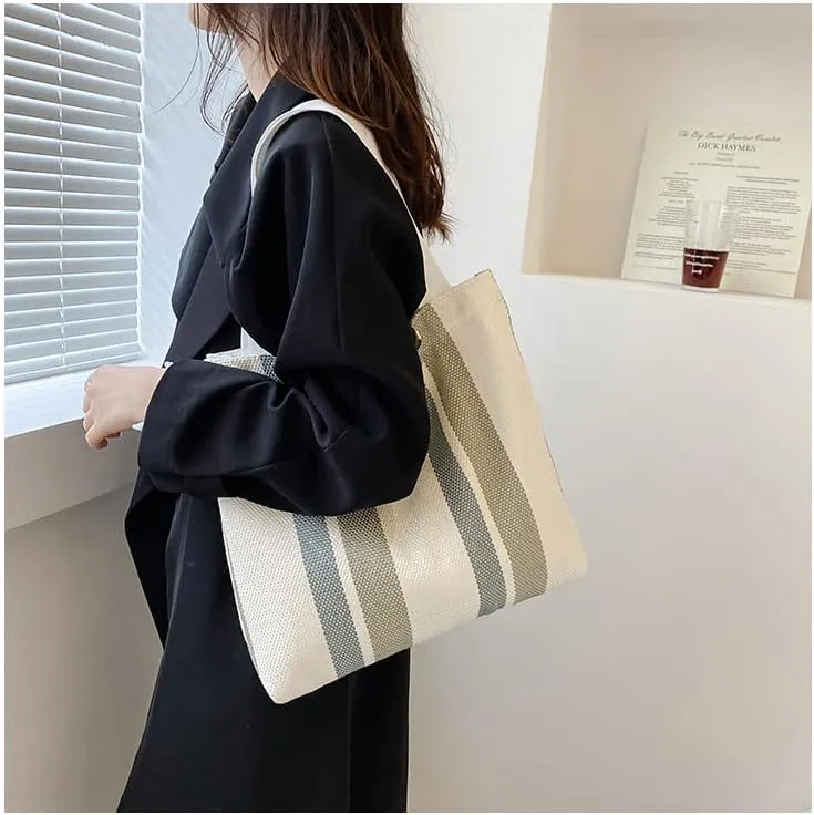 Striped Canvas Handbag for Women Large capacity Shoulder Bag Women Canvas Shopping Bags Hobo Tote Bag