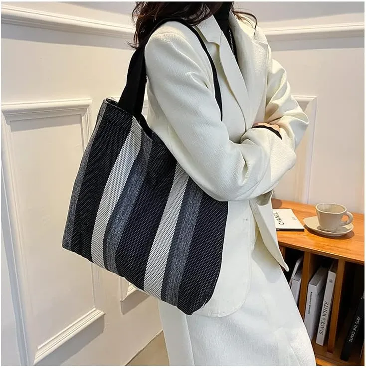 Striped Canvas Handbag for Women Large capacity Shoulder Bag Women Canvas Shopping Bags Hobo Tote Bag