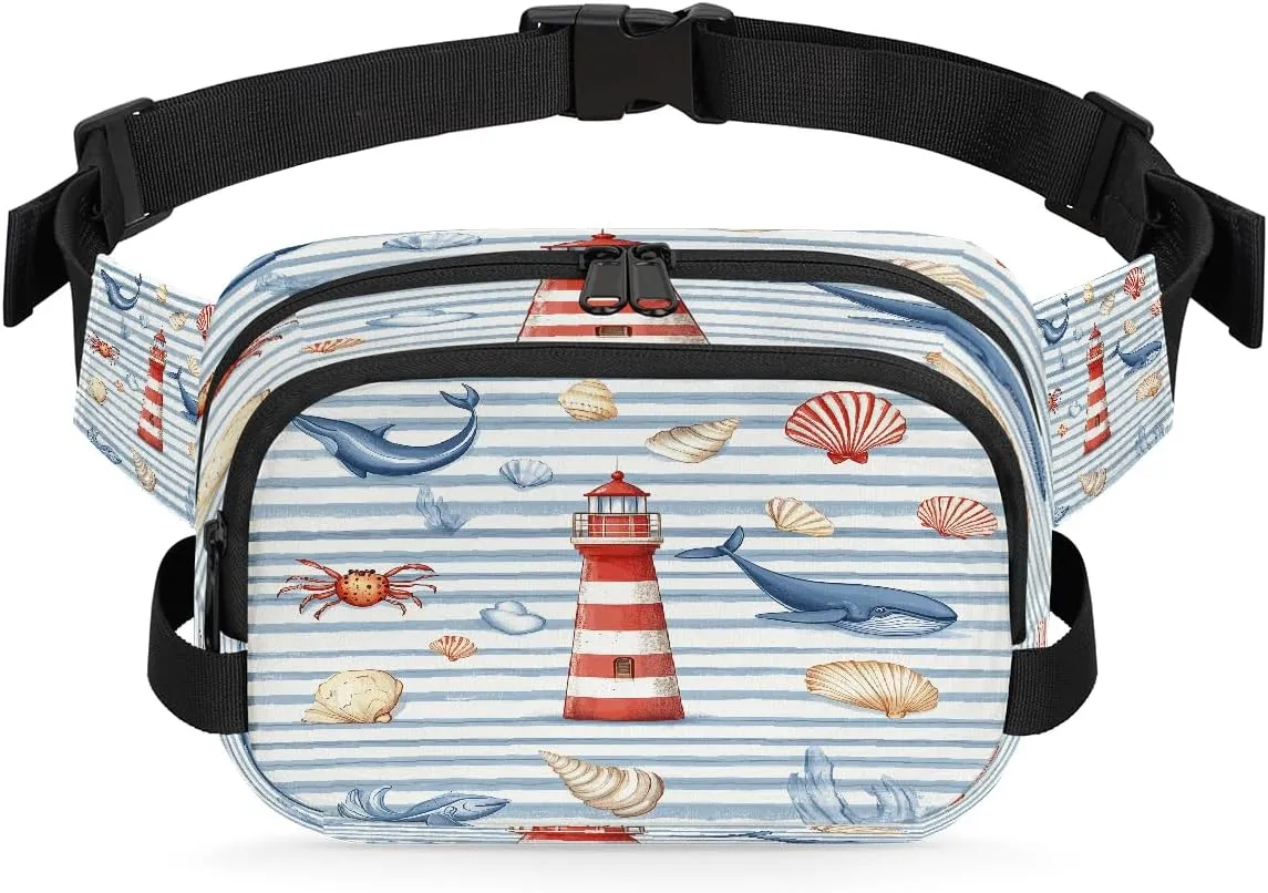 Striped Lighthouse Whale Shellfish Fanny Pack Waterproof Belt Bag Crossbody Bags For Women Men Holiday Gifts