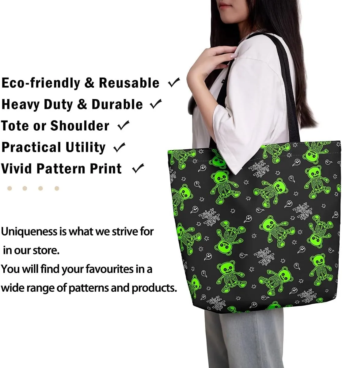 Sugar Skull Canvas Tote Bag for Women,Skeleton Halloween Bone Gothic Handbag,Spooky Ghost Shoulder Bag