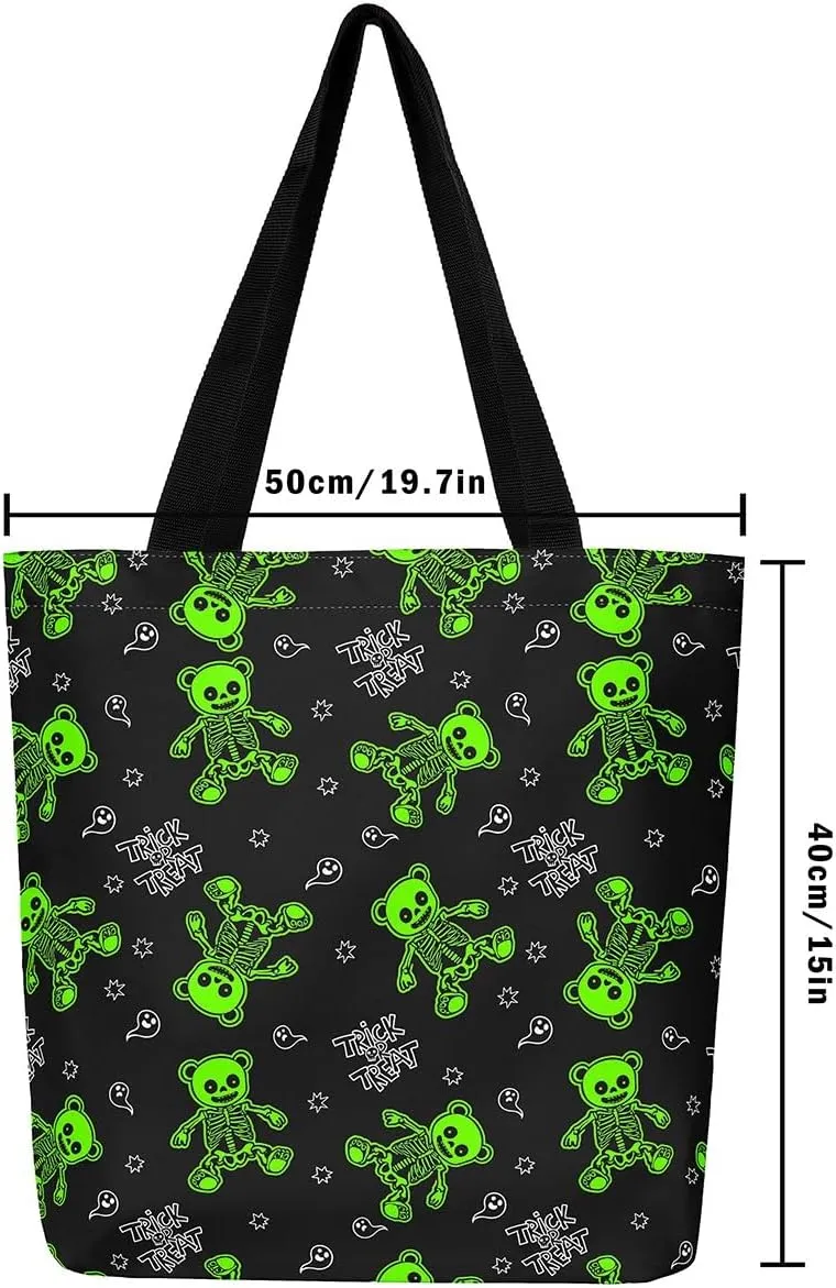 Sugar Skull Canvas Tote Bag for Women,Skeleton Halloween Bone Gothic Handbag,Spooky Ghost Shoulder Bag