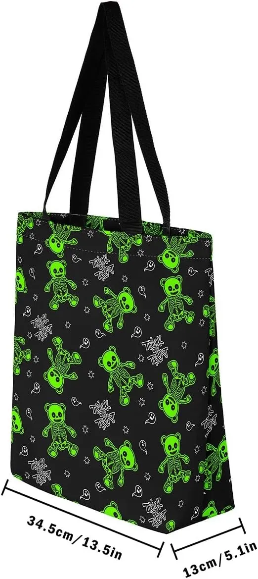 Sugar Skull Canvas Tote Bag for Women,Skeleton Halloween Bone Gothic Handbag,Spooky Ghost Shoulder Bag