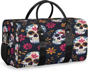 Sugar Skull Flowers Travel Duffle Bag, Sports Gym Bags for Women Men, Carry On Weekender Overnight Workout Airplane Trips Bag