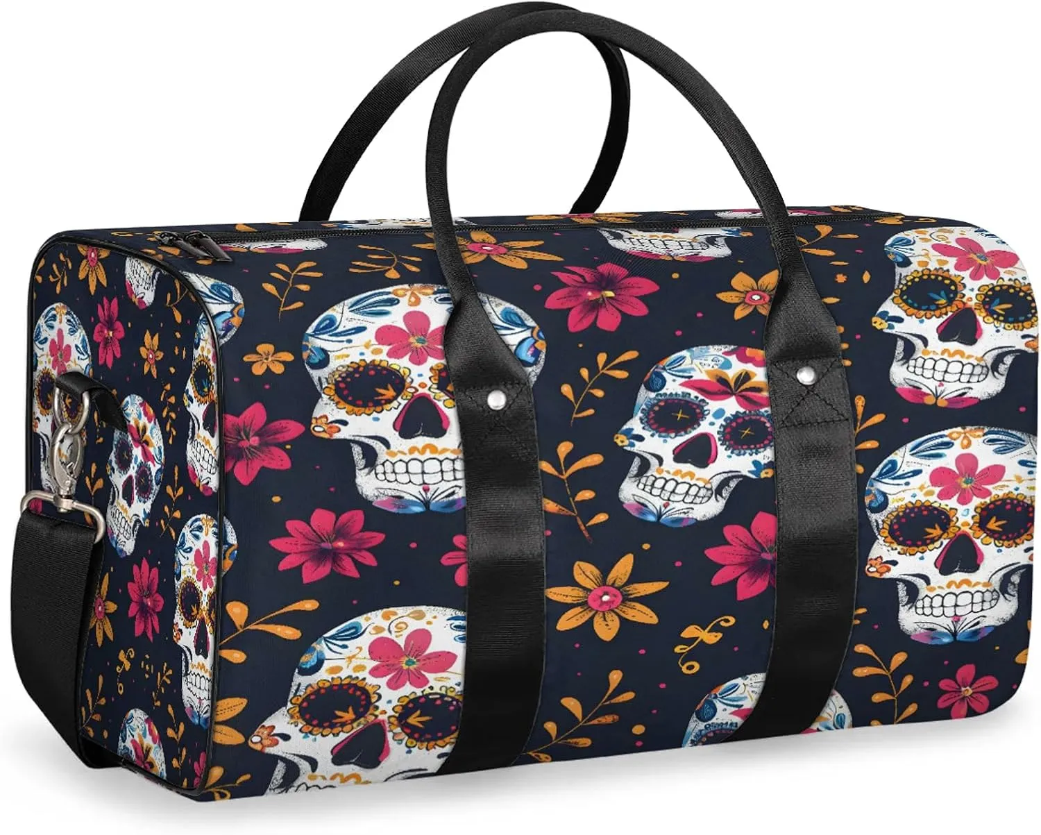 Sugar Skull Flowers Travel Duffle Bag, Sports Gym Bags for Women Men, Carry On Weekender Overnight Workout Airplane Trips Bag
