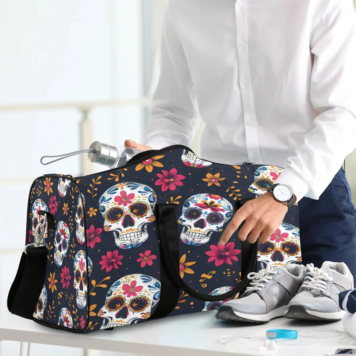 Sugar Skull Flowers Travel Duffle Bag, Sports Gym Bags for Women Men, Carry On Weekender Overnight Workout Airplane Trips Bag