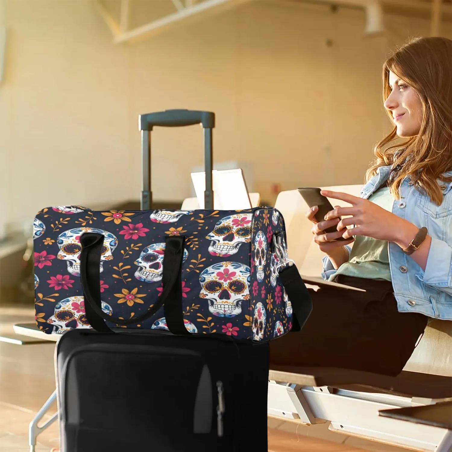 Sugar Skull Flowers Travel Duffle Bag, Sports Gym Bags for Women Men, Carry On Weekender Overnight Workout Airplane Trips Bag