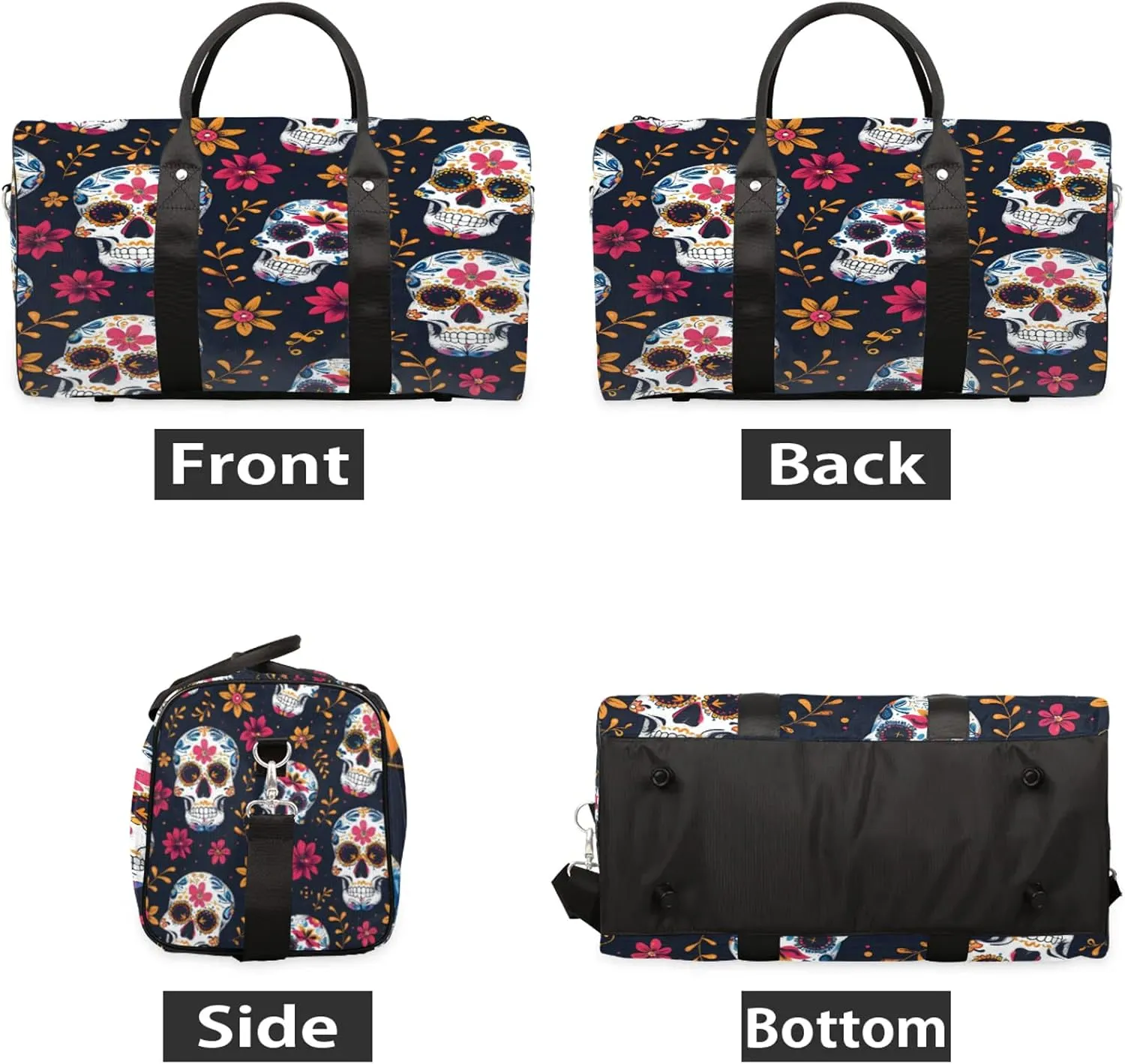 Sugar Skull Flowers Travel Duffle Bag, Sports Gym Bags for Women Men, Carry On Weekender Overnight Workout Airplane Trips Bag