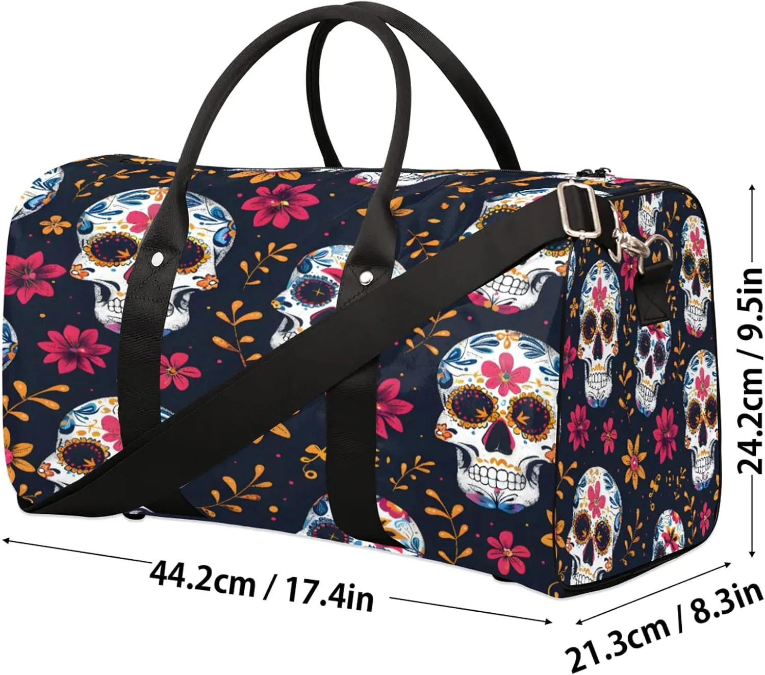 Sugar Skull Flowers Travel Duffle Bag, Sports Gym Bags for Women Men, Carry On Weekender Overnight Workout Airplane Trips Bag