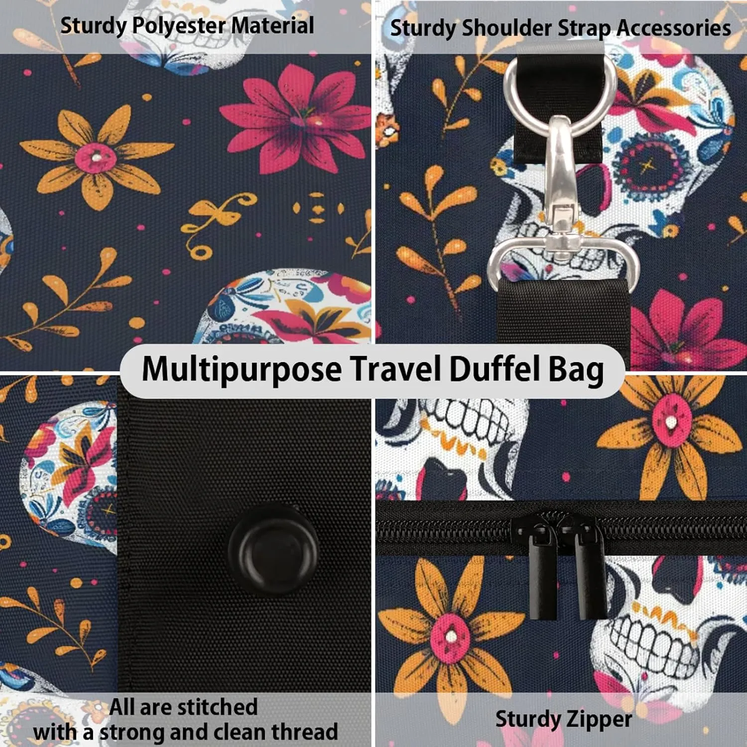 Sugar Skull Flowers Travel Duffle Bag, Sports Gym Bags for Women Men, Carry On Weekender Overnight Workout Airplane Trips Bag