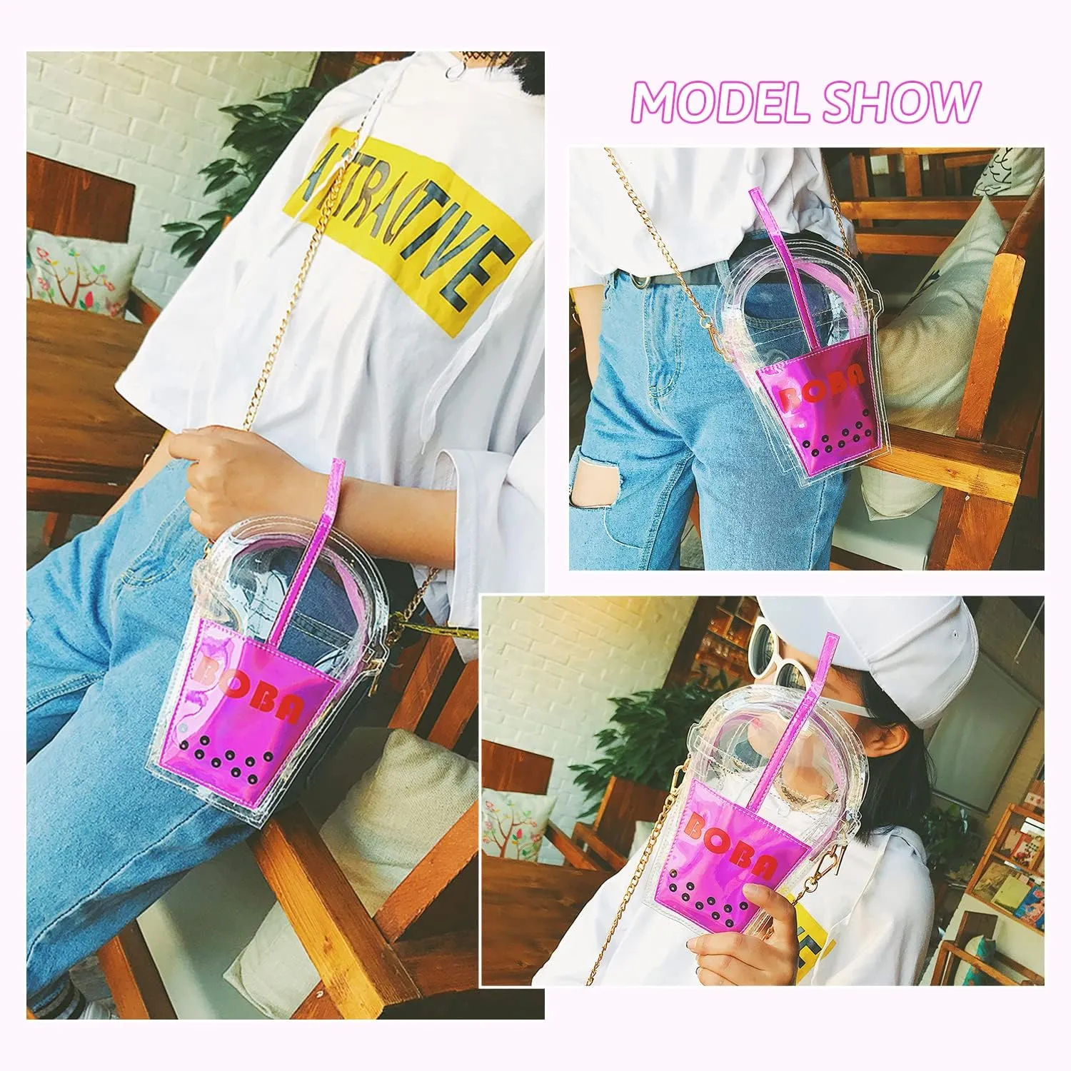 SUKUTU Women's Girls Boba Tea Summer Beach Clear Transparent Cross Body Shoulder Purses