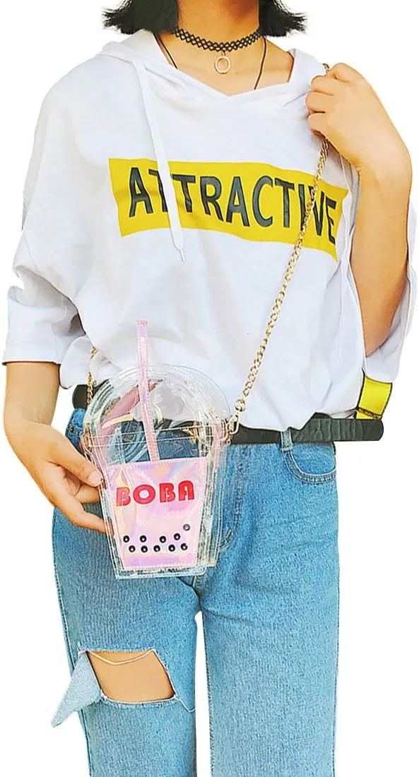 SUKUTU Women's Girls Boba Tea Summer Beach Clear Transparent Cross Body Shoulder Purses