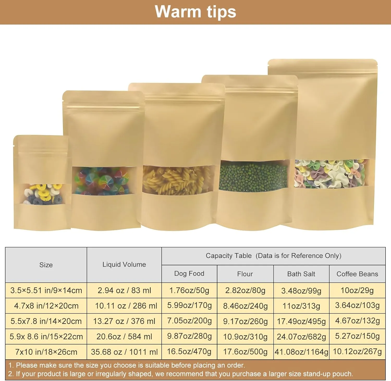 SumDirect Kraft Stand Up Pouches - 50Pcs Resealable Kraft Paper Stand Up Bags with Window, Zipper Disposable Food Storage Bags for Home or Business (50, 6x8.6inch)