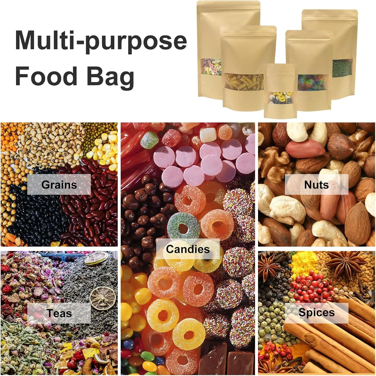 SumDirect Kraft Stand Up Pouches - 50Pcs Resealable Kraft Paper Stand Up Bags with Window, Zipper Disposable Food Storage Bags for Home or Business (50, 6x8.6inch)