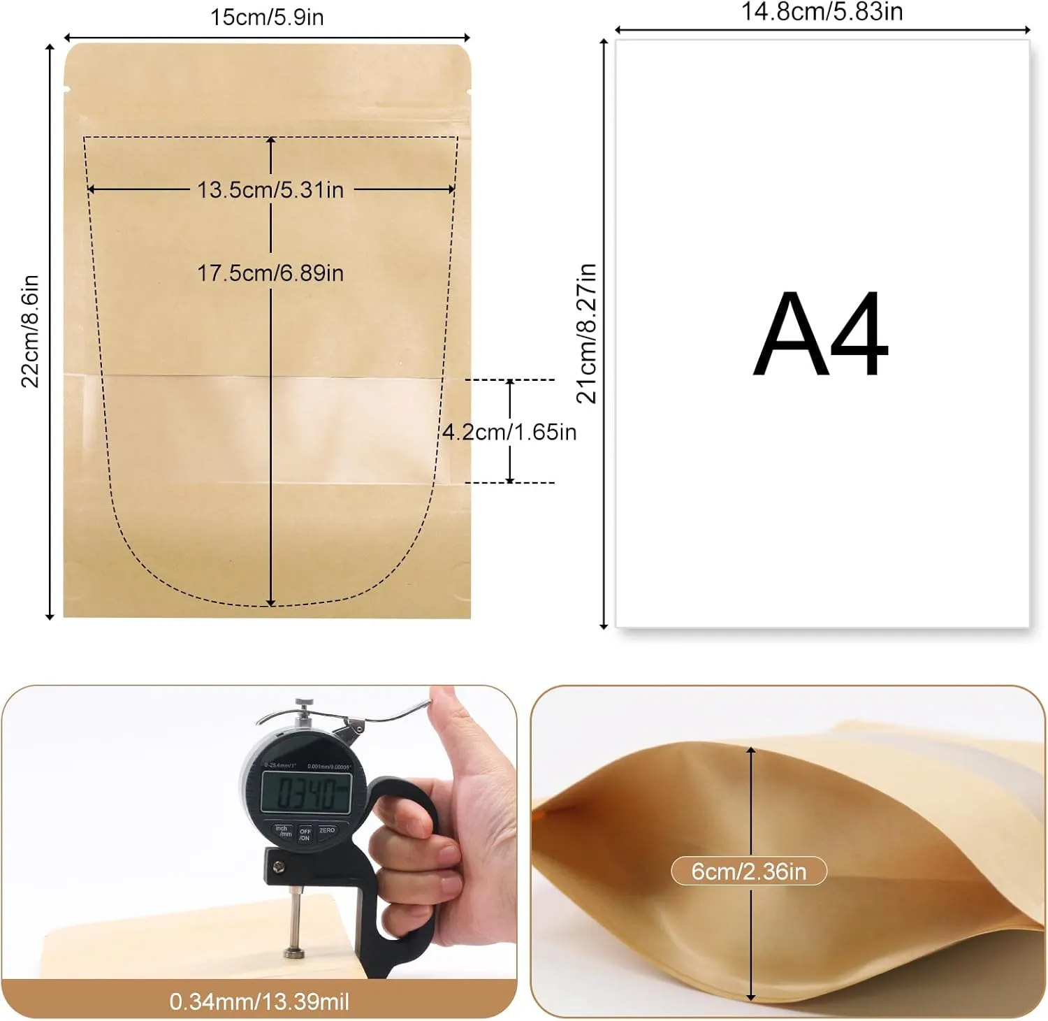 SumDirect Kraft Stand Up Pouches - 50Pcs Resealable Kraft Paper Stand Up Bags with Window, Zipper Disposable Food Storage Bags for Home or Business (50, 6x8.6inch)