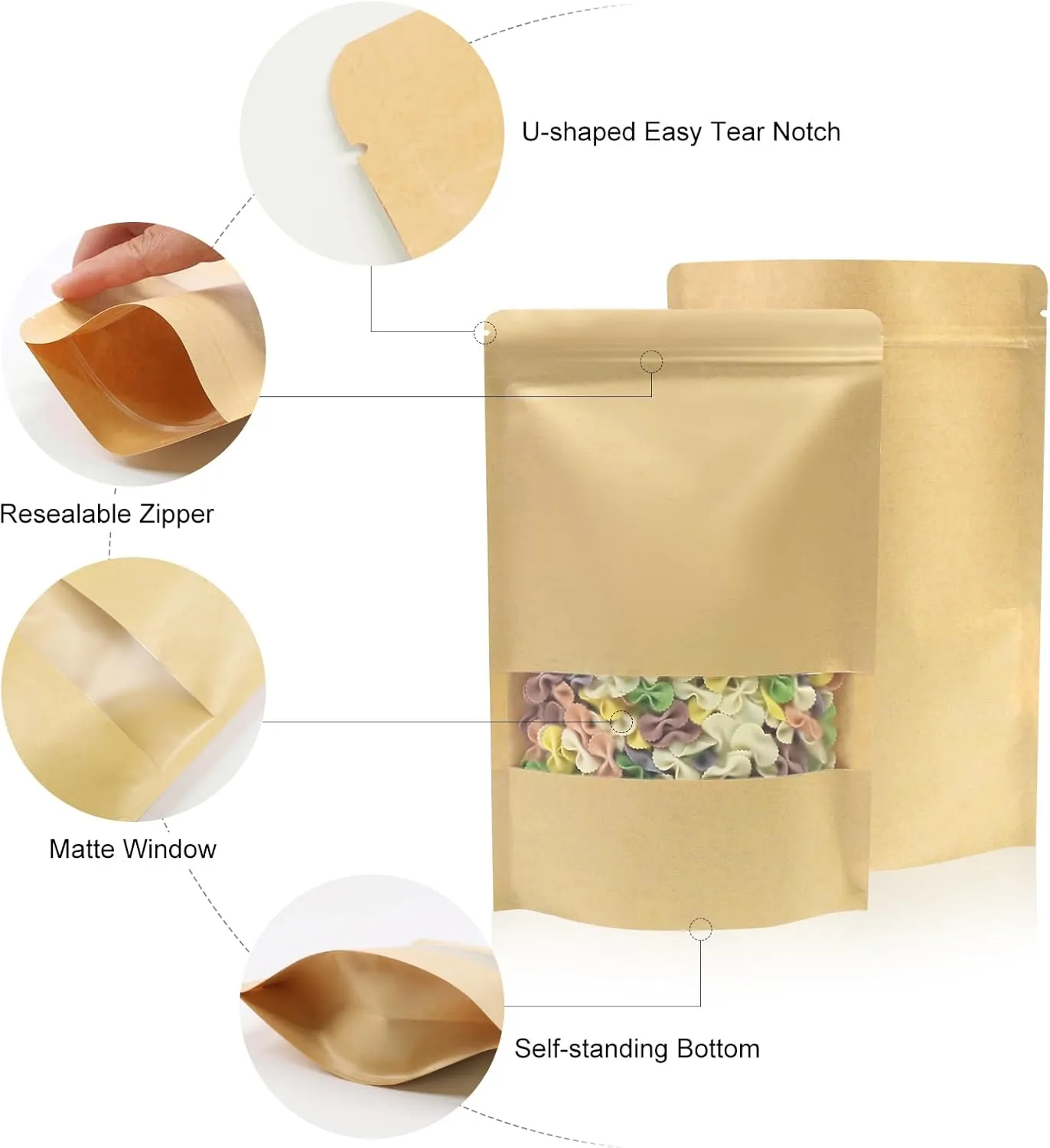 SumDirect Kraft Stand Up Pouches - 50Pcs Resealable Kraft Paper Stand Up Bags with Window, Zipper Disposable Food Storage Bags for Home or Business (50, 6x8.6inch)