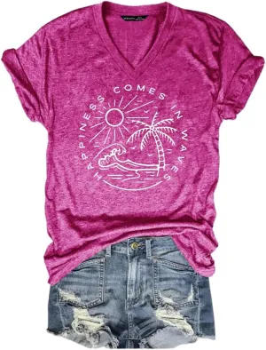 Summer Beach Shirts for Women Ocean Waves Vacation Tops Graphic Tee V Neck