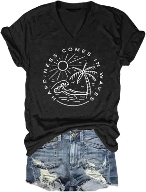 Summer Beach Shirts for Women Ocean Waves Vacation Tops Graphic Tee V Neck