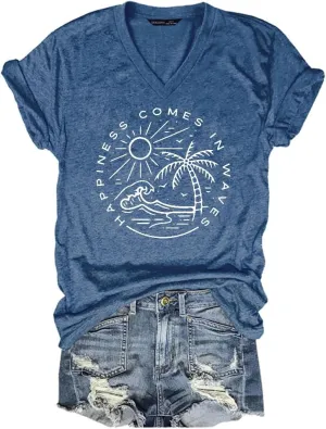 Summer Beach Shirts for Women Ocean Waves Vacation Tops Graphic Tee V Neck