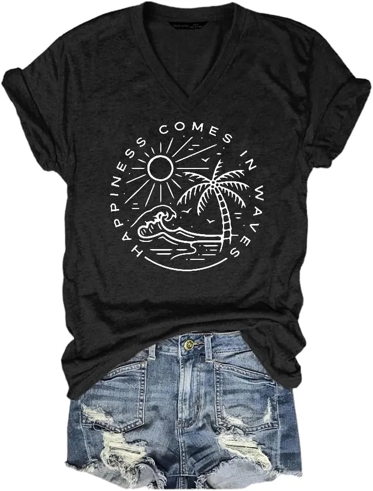 Summer Beach Shirts for Women Ocean Waves Vacation Tops Graphic Tee V Neck
