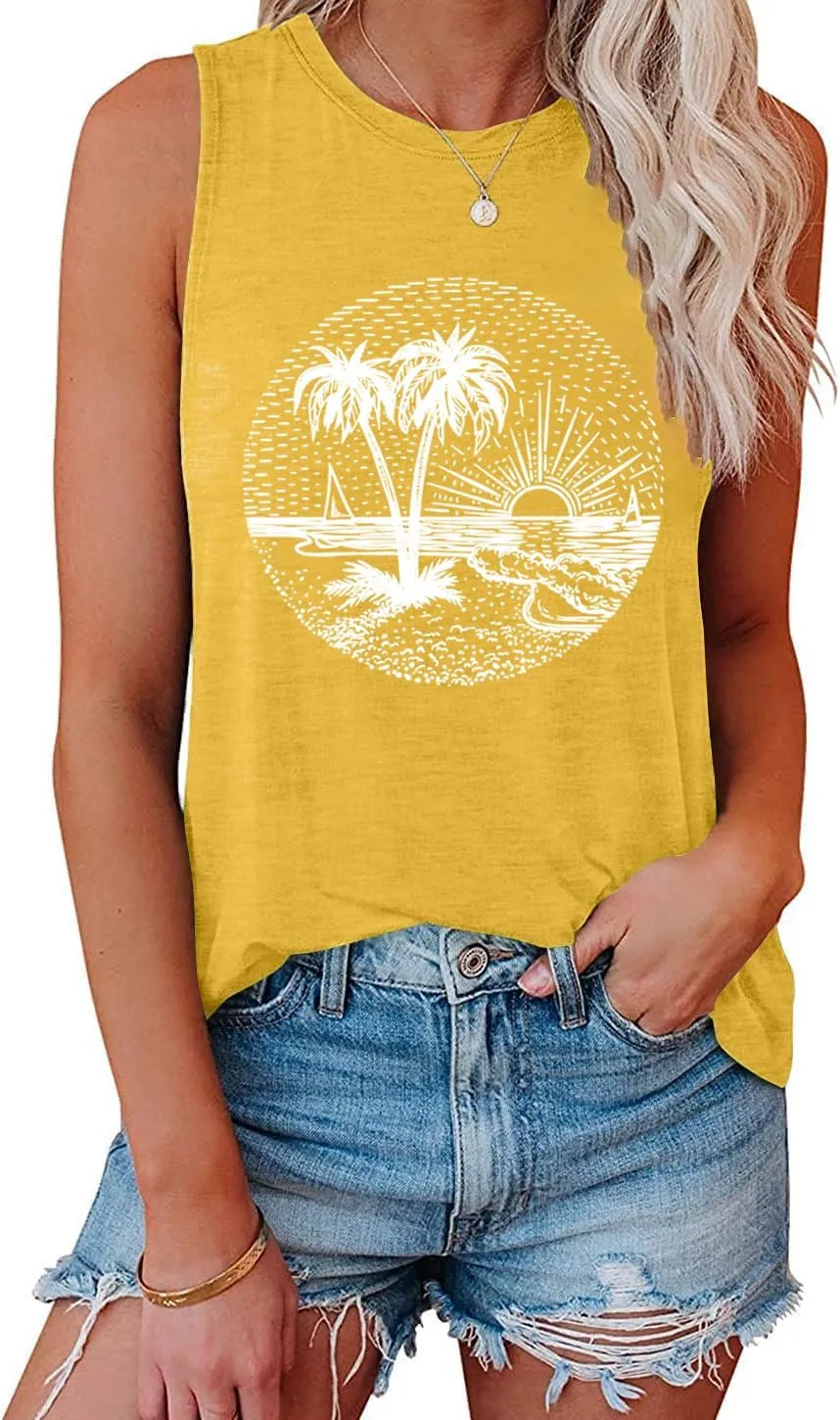 Summer Beach Tank Tops for Women Funny Cute Sunshine Coconut Tree Graphic Tee Shirt Hawaiian Family Vacation Tops