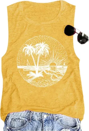 Summer Beach Tank Tops for Women Funny Cute Sunshine Coconut Tree Graphic Tee Shirt Hawaiian Family Vacation Tops
