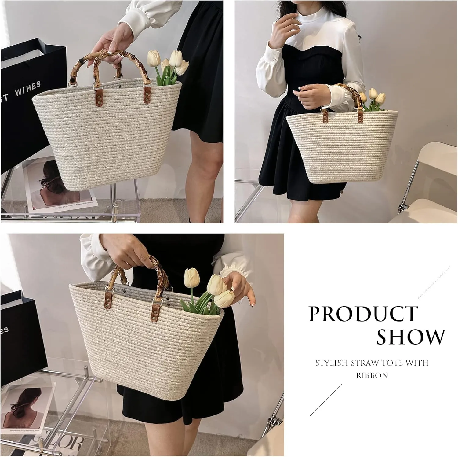 Summer Straw Handbags for Women Bamboo Handle Tote Bag Woven Beach Bags Vacation Purse