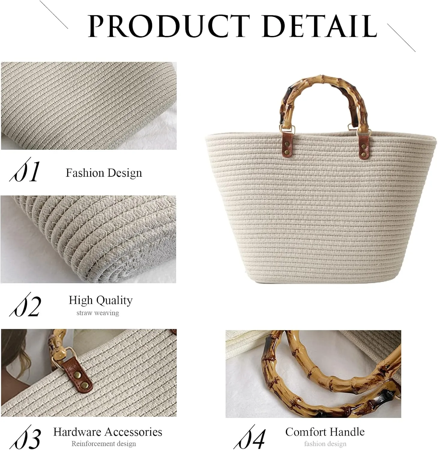 Summer Straw Handbags for Women Bamboo Handle Tote Bag Woven Beach Bags Vacation Purse