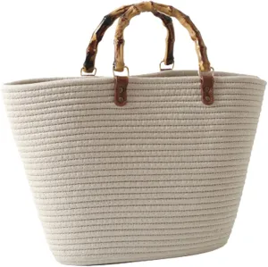 Summer Straw Handbags for Women Bamboo Handle Tote Bag Woven Beach Bags Vacation Purse