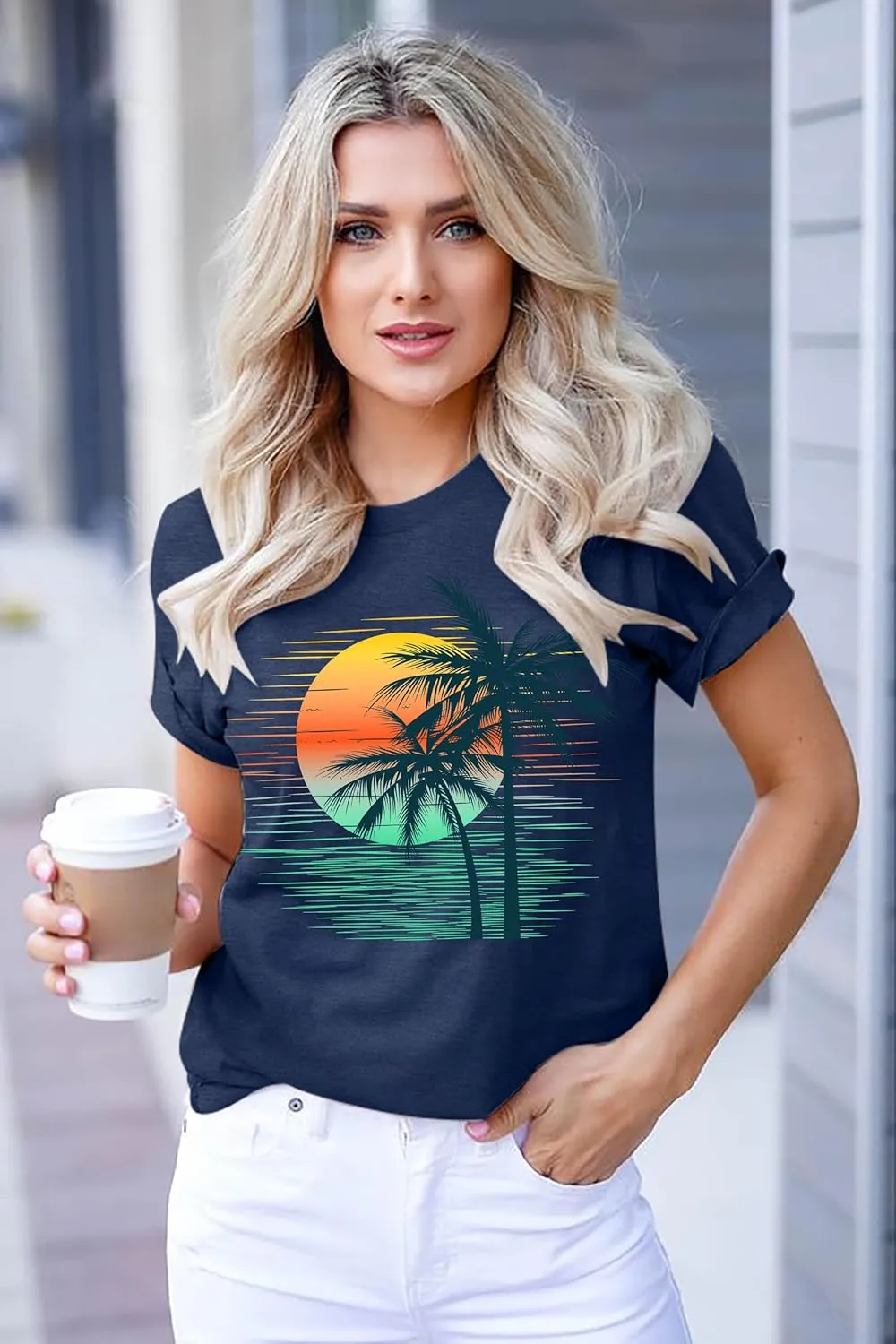 Summer T Shirt for Women Wave Coconut Tree Graphic Short Sleeve Casual Vacation Trip Tee Top