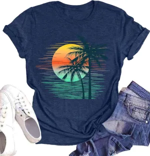 Summer T Shirt for Women Wave Coconut Tree Graphic Short Sleeve Casual Vacation Trip Tee Top