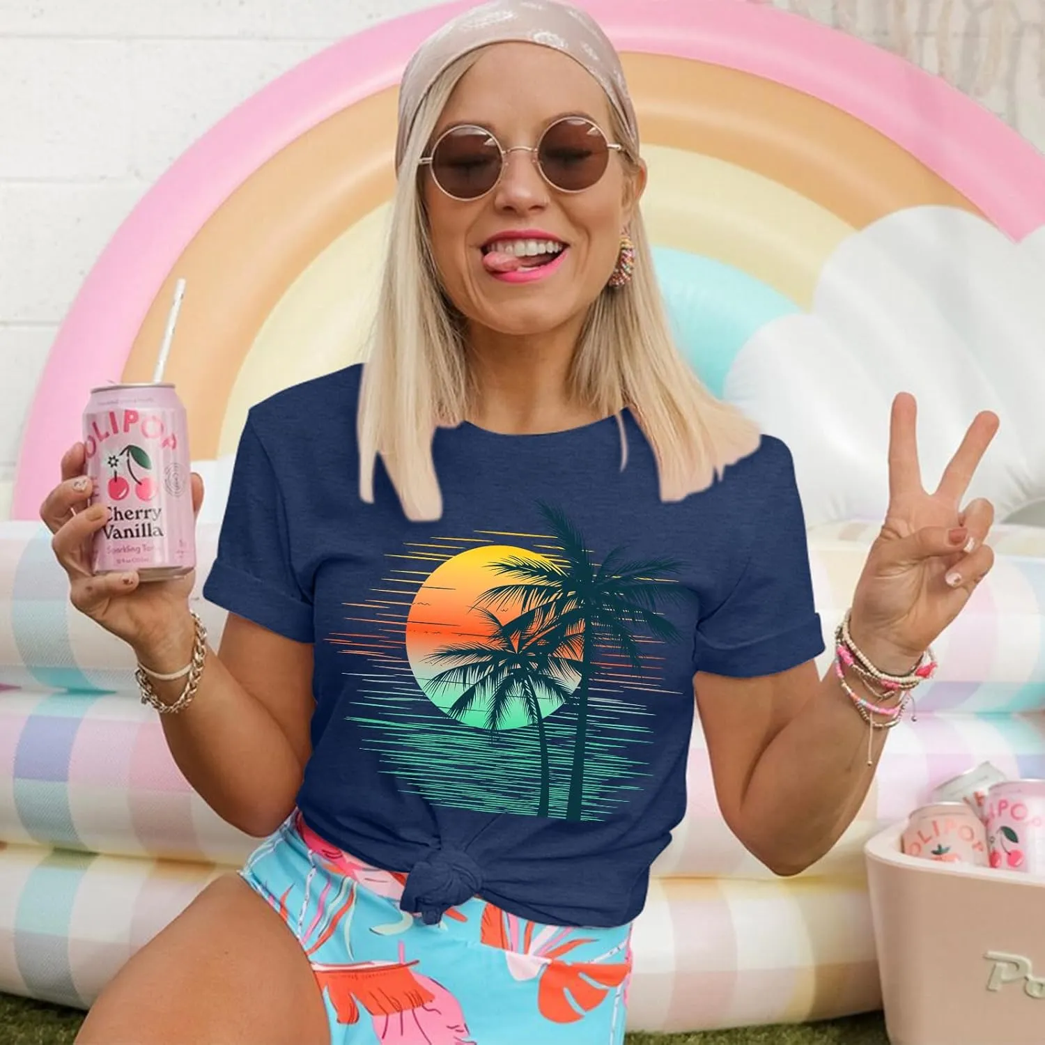 Summer T Shirt for Women Wave Coconut Tree Graphic Short Sleeve Casual Vacation Trip Tee Top