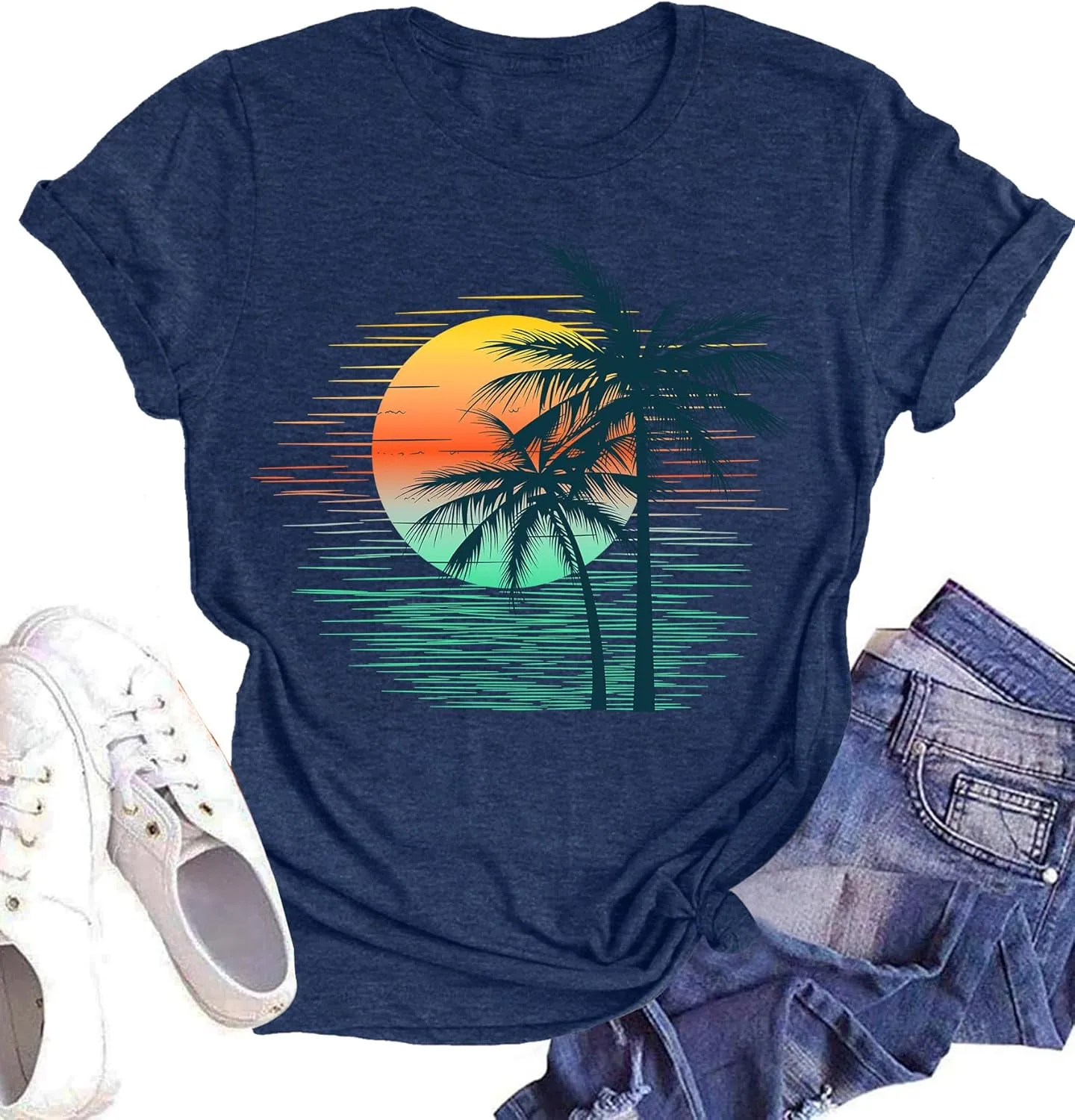 Summer T Shirt for Women Wave Coconut Tree Graphic Short Sleeve Casual Vacation Trip Tee Top