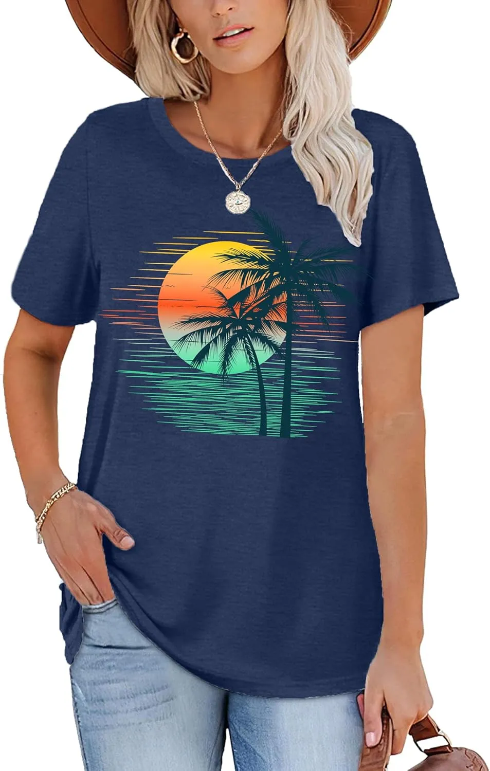 Summer T Shirt for Women Wave Coconut Tree Graphic Short Sleeve Casual Vacation Trip Tee Top