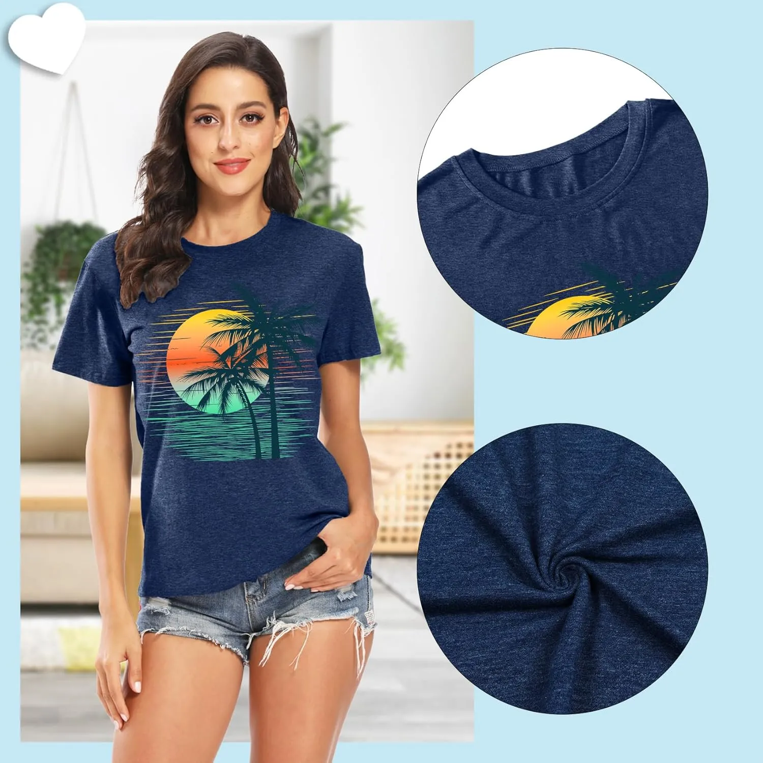 Summer T Shirt for Women Wave Coconut Tree Graphic Short Sleeve Casual Vacation Trip Tee Top