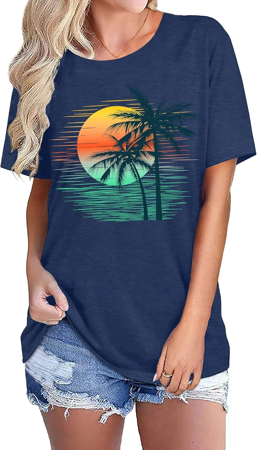 Summer T Shirt for Women Wave Coconut Tree Graphic Short Sleeve Casual Vacation Trip Tee Top
