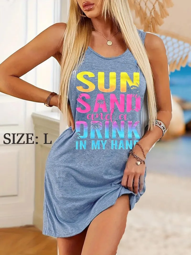 Summer Tank Dress for Women Casual Vacation Sundress Coconut Tree Graphic Beach Cover Up